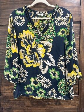Banana Republic Navy Floral V-Neck Blouse with Yellow & Green